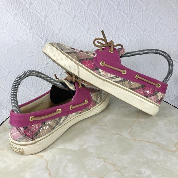 Sperry Shoes Women 6.5 Pink Gray Plaid Sequin Classic Casual Slip on Boat Loafer - Picture 10 of 12